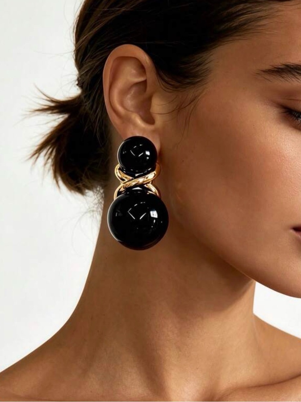 Black & Gold Double Bead Statement Drop Earrings
